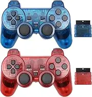 Wireless Controller for PS2,Built-in Dual Vibration 2.4G Gamepad Joystick Compatible for Playstation 2 (2PACK, Clear Blue and Clear Red)