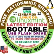 Linux MINT 20.2 USB UMA Cinnamon 64-Bit Live Boot, Full Install MAC, PC