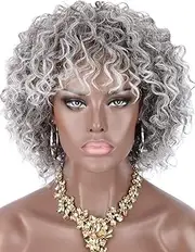 20cm Natural Curls Hair Wigs Synthetic Short Deep Curly Wigs for Black Women Realistic Ombre Grey Curly Wigs with Hair Bangs Lightweight Soft Bouncy -(Ombre Grey)