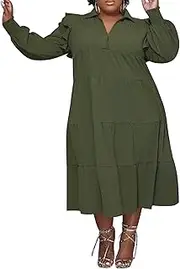 [Aosufei] Women's Loose Elegant Ruffle Tiered Dress Flutter Long Sleeve Dress V-Neck Tunic Shift Dresses