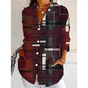 Women's Shirt Graphic Geometric Striped Vintage Tropical Daily Long Sleeve Shirt Collar Regular Tops Work Daily Holiday Buttons Print Wine Red Khaki Summer Spr