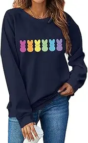 [Muhuyi] Easter Bunny Sweatshirt Women Long Sleeve Cute Rabbit Bunny Peeps Graphic Tees Happy Easter Pullover Tops