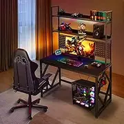 Gaming Desk Computer Desk Home Office Study Work Table Writing Racer Workstation Furniture Carbon Fibre with RGB LED Light Shelves Pegboard Type-C & USB Charging Port Headphone Hooks and Cup Holder