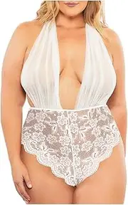 [Generic] Plus Sized Lingerie Women Deep Halter Backless Lingerie Bodysuit Teddy Women Jumpsuit Lace V-Neck Sexy Sexy Halter Lingerie for Women