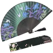 OMyTea Hand Held Silk Folding Fan with Bamboo Frame - with a Fabric Sleeve for