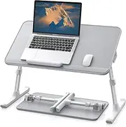 SAIJI Leather Laptop Bed Tray Table, Adjustable Laptop Stand with Removable Stopper, Portable Lap Desks with Foldable Legs, Notebook Stand Breakfast Reading Desk for Sofa Couch(Medium,Gray)