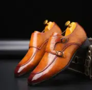 Mens Handmade Shoes Double Monk Alligator Crocodile Texture Tan Leather Formal