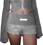 [Best Rose] Silver Sequin Shorts Fold Over Patchwork Low Rise Sparkly Skinny Straight Leg Sexy Streetwear Shorts