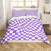 Geometric Checkerboard Kids Duvet Cover Set Twin Size,Abstract Geometry Plaids Patchwork Bedding Set,Boys Girls Room Decor,Modern Art Simple Purple Dreamy Quilt Cover,1 Pillowcase(No Comforter)