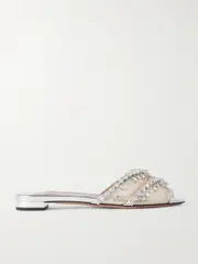 [Aquazzura] Aquazzura - Temptation Crystal-embellished Mesh-trimmed Metallic Leather Slides - Silver - IT39 IT 39 Silver