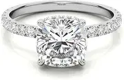 [Generic] ZIVAH 2 CT Solitaire Cushion Cut Diamond Collar Moissanite Engagement Ring, Classic 4 Claw Prongs, Pave Solitaire Ring,Hidden Halo, White Gold, Moissanite