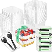 50Pack 8 oz Square Plastic Dessert Cups, Reusable Clear Plastic Yogurt Parfait Cups with Lids and Individually Wrapped Spoons, for Cupcake Mousse Yogurt Pudding Mousse Fruits