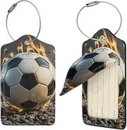 [STVYUKL] Burning Soccer Ball Luggage Tags 2 Pcs for Suitcase Waterproof Leather Suitcase Tags Privacy Cover Name Id Label and Metal Loop Baggage Tags for Women Men Travel