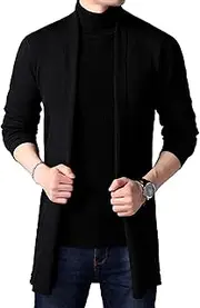 [SWJGLITTR] Men's Open Front Long Cardigan Shawl Collar Cardigans Sweater Cable Knit Ribbed Length Men Cardigan, Black, Medium