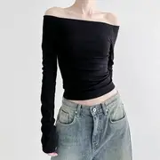 Long Sleeve Off-Shoulder Plain Slim-Fit Top Black - M