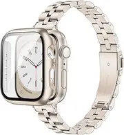 Calina Stainless Steel Band and Case fits Apple Watch Band Series 9 8 7 41mm, Thin Bracelet for Apple Watch Strap and Screen Cover, Dressy Metal iWatch Band for Apple Watch Bands for Women-Starlight