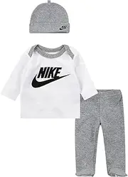 [Nike] Baby`s Preemie Futura Shirt, Footed Pant, and Hat 3 Piece Set (White(P6G850-042)/Grey, 3 Months)