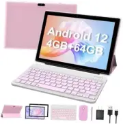 10.1 Inch Android 12 Tablet, Newest 2 in 1 Tablets, 4GB RAM+64GB ROM PInk Set