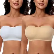 [DOCUMO] Strapless Bra for Women Padded Bandeau Bra Non-Slip Silicone Seamless Wireless Tube Top Bra, Beige + White, Small