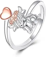 [VONALA] Highland Cow Ring 925 Sterling Silver Cow Adjustable Open Ring Highland Cow Jewellery Birthday Gifts for Women Girls, Sterling Silver, No Gemstone