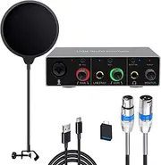 USB Audio Interface (Resolution 24Bit/DAC48 kHz/ADC96 kHz) 48V Phantom Power for Recording Podcasting and Streaming Compatible with MacOSX and Windows… (Grey with XLR Cable and Pop)