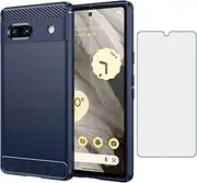 [Asuwish] Phone Case for Google Pixel 7A 5G 2023 with Tempered Glass Screen Protector Cover and Cell Accessories Soft TPU Slim Silicone Rubber Pixel7A A7 Protective Women Men Carbon Fiber Blue