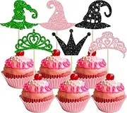 Ephlyn 30Pcs Witch Hat Cupcake Topper Glitter Crown Cupcake Topper Dessert Food Safe Cake Decorations for Cakes Birthday's Celebrations Themed Party Decorations Blue Pink Green