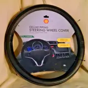 STEERING WHEEL COVER NEW BLACK GRAY PIPING SHELL OIL STANDARD FIT COMFORT GRIP.