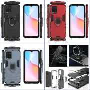 For Vivo Y21 2021, 3D 3in1 Shockproof Rugged Grip Ring Car Holder Case + glass