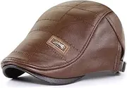 [Elwow] Men's Warm PU Leather Flat Cap Newsboy Cap Vintage Beret Cap Driving Irish Flat Hat English Granddad Hat