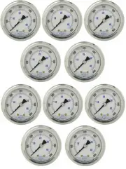 10 PACK LIQUID FILLED PRESSURE GAUGE 0-600 PSI, 2" FACE, 1/4" BACK MOUNT