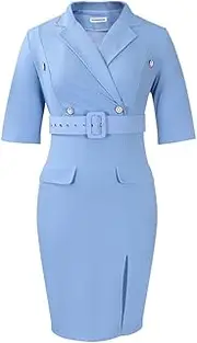 [Meufam] Women's Solid Button Short Sleeve Formal Pencil Dress Wrap V Neck Short Sleeve Bodycon Sheath Dresses with Belt