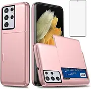 [Asuwish] Phone Case for Samsung Galaxy S21 Ultra Glaxay S21ultra 5G with Tempered Glass Screen Protector and Credit Card Holder Wallet Cover Hard Hybrid Cell Gaxaly 21S S 21 21ultra G5 Women Rosegold