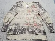 One World Blouse Top Womens XL Multi Floral Waffle Knit High Low Slit V Neck