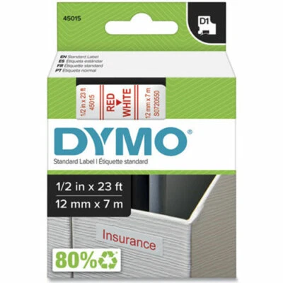 Dymo DYM45015 LabelManager 300 D1 Label Tape, 1/2" x 23 ft, Red on White