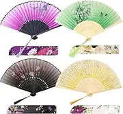 4Pcs Small Floral Folding Hand Fans Vintage Pattern Silk Fan Chinese Style Bamboo Folding Fabric Handheld Fan with Tassel Holding Foldable Fan for Gifts Dancing Wall Wedding Decoration