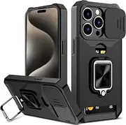 for iPhone 15 Pro Max Case with [Card Holder] and Camera Cover with Built-in 360° Rotate Ring Stand Magnetic Magnet Phone Cover Case for iPhone 15 Pro Max 6.7"