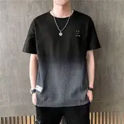Short-Sleeve Crew Neck Smiley Face Embroidered T-Shirt 064 - Black - XL