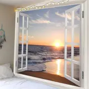 3D Ocean Tapestry Wall Hanging Sun Sunset Sea Beach Landscape Tapestry Window...