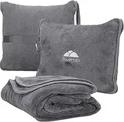 BlueHills Premium Soft Travel Blanket Pillow Airplane Flight Blanket throw in Soft Bag Pillow case with Hand Luggage Belt and Backpack Clip Compact Pack Large Blanket for Travel Grey Color (Gray T007)