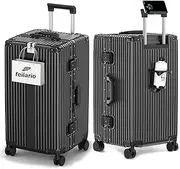 [feilario] Aluminum Frame Hardside Spinner Wheels Luggage, Zipperless Checked Super Large Captain Suitcase with Cup Holder/Phone Holder, A-Black, 30in, DF-1931