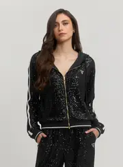 GUESS Women's Black Mini Sequins Zip Jacket Size: Medium, Elastane