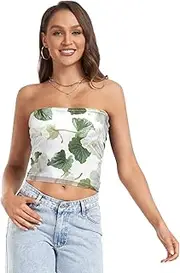 [FRODOTGV] White Begonia Green Leafs Summer Sexy Tube Top with Mesh Bandeau Tops for Women Tub Top Bra for Teen Surgery, White Begonia Green Leafs, Medium