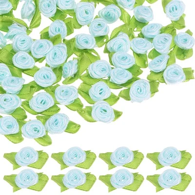200-Pack Mini Ribbon Roses, Satin Ribbon with Green Leaves[Light Blue]