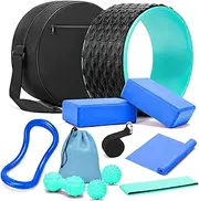 Yoga Wheel 12 in 1 Set with Back Roller for Pain Relief & Deep Tissue Massage Yoga Blocks 2 Pack with Yoga Ring,Yoga Strap,Resistance Bands,Elastic Band,Massage Ball,Perfect Yoga Accessory for Stretching Massage,Yoga Starter Kit for Beginner