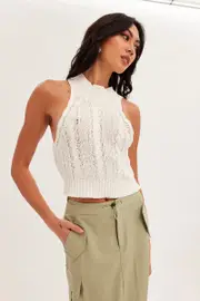 White Cabled Knit Sleeveless - Size L, Women's Vest