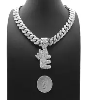 Silver PT Bubble Alphabet E Pendant 16" ~ 24" Iced Cuban Box Lock Chain Necklace