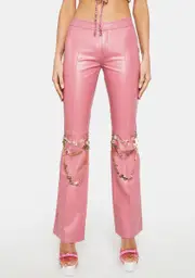 [No Dress] Rose Pink Slim Leather Pants With Chains