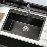 ALFORDSON Kitchen Sink Single Bowl with Basket & Waste Strainer, 680 x 450 x 220mm, 304 Stainless Steel Water Basin Sinks with 3mm Thick Edge & Nano Coating in Black Colour