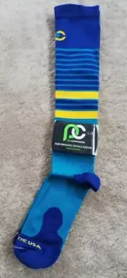 NEW PRO Compression Sock Marathon blue yellow stripe Knee High L/XL Womens 10-14
